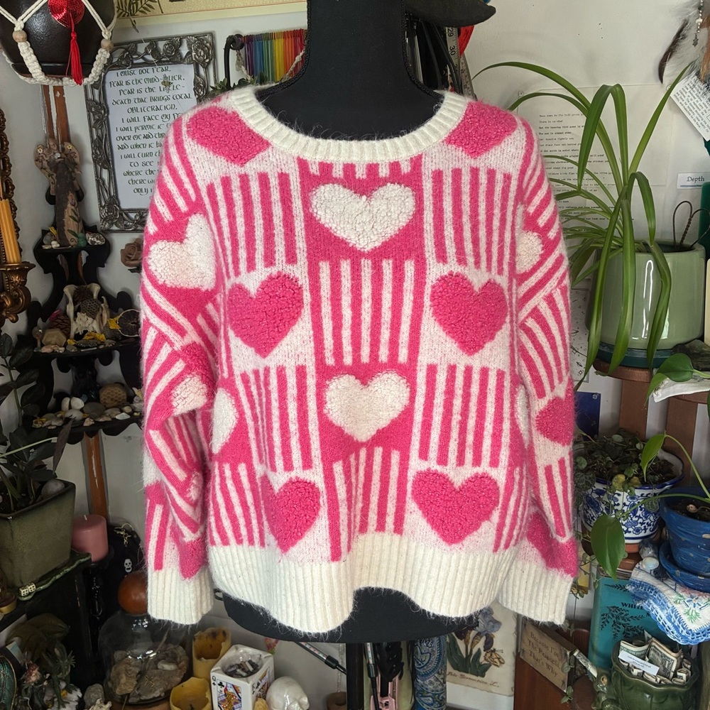 Vibrant Pink and White Crew Neck Sweater with Heart Stripes